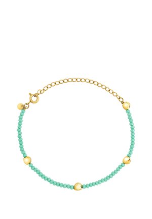 Bracelet plaqué or avec perles turquoise. Comprend une chaîne à maillons et des accents dorés, combinant des formes rondes et ovales.