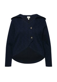 Giacca avvolgente blu navy con colletto a scollatura, caratterizzata da motivi fogliari tono su tono, due bottoni in ottone e maniche lunghe con orlo curvo.