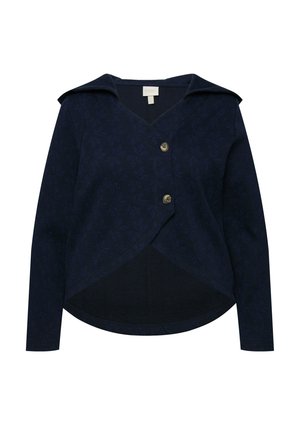 Giacca avvolgente blu navy con colletto a scollatura, caratterizzata da motivi fogliari tono su tono, due bottoni in ottone e maniche lunghe con orlo curvo.