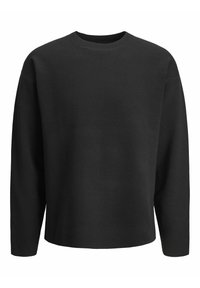 Pull noir à manches longues avec col rond, col côtelé, poignets et ourlet, présenté sur un fond blanc.