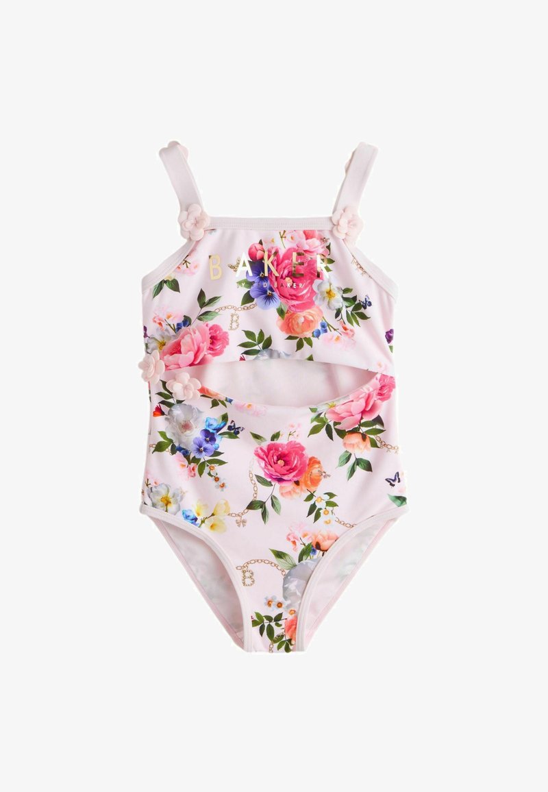 Roza jednodijelni kupaći kostim s cvjetnim uzorkom, naramenicama, ukrasnim cvijećem i malim izrezom sprijeda ispod prsiju.