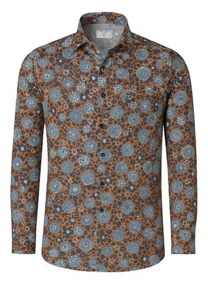 Langärmliges Hemd mit Knöpfen, orange-blauer Hintergrund, mit einem sich wiederholenden Muster großer blauer und weißer kreisförmiger Blumenmotive.