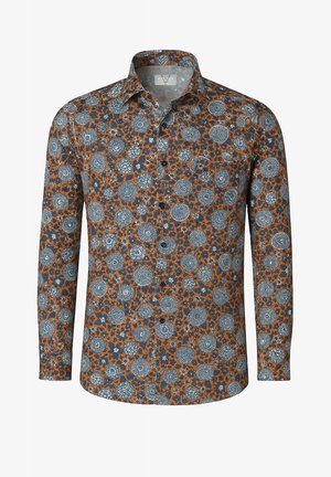 Langärmliges Hemd mit Knöpfen, orange-blauer Hintergrund, mit einem sich wiederholenden Muster großer blauer und weißer kreisförmiger Blumenmotive.