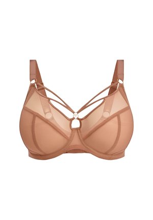 Light brown bra in sheer material with structured cups, decorative crisscross straps, and a central gold heart accent detail.