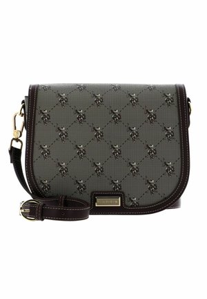 Sac bandoulière avec garniture et sangle marron foncé, tissu beige à motifs petits chevaux et cavaliers noirs, ferrures dorées.