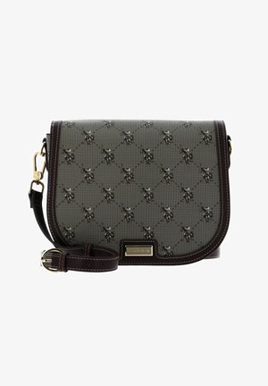 Sac bandoulière avec garniture et sangle marron foncé, tissu beige à motifs petits chevaux et cavaliers noirs, ferrures dorées.