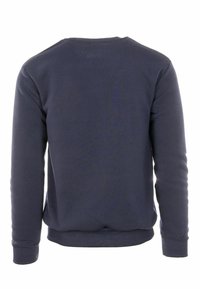 Felpa blu navy, maniche lunghe, collo rotondo, polsini e orlo a coste, materiale in cotone morbido, texture liscia. Design semplice sul retro, senza grafiche.