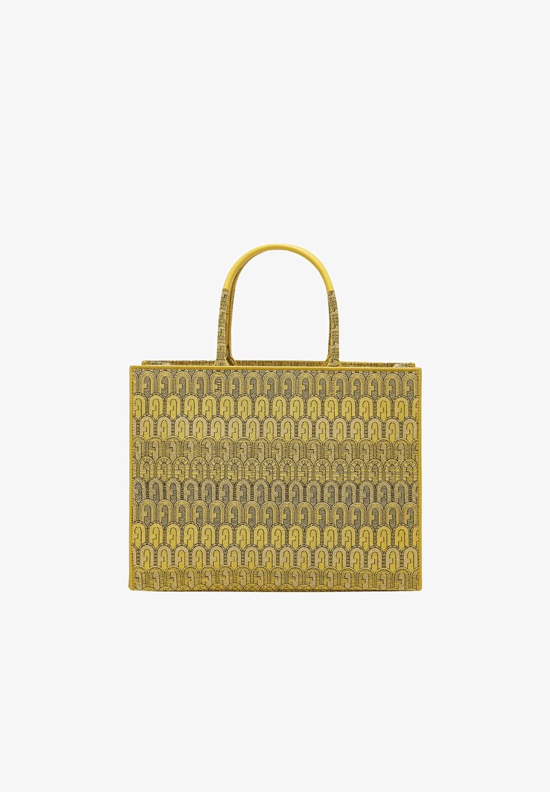 Gelbe Tasche mit geometrischem Muster in Schwarz und Weiß. Verfügt über zwei runde Griffe und eine strukturierte Form, gefertigt aus Textilmaterial.