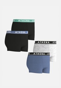 Quatre paires de boxers pour hommes en noir, gris, bleu et gris clair, avec des ceintures élastiques contrastantes portant la marque "ATHENA".