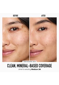 Mineralische Foundation auf unbearbeiteter Haut gezeigt, vorher und nachher. Deutlicher Unterschied in der Textur reduziert Sommersprossen und verbessert die Geschmeidigkeit.