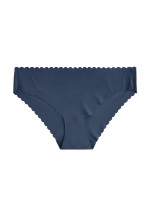 Navy blue scalloped-edge panties made of smooth fabric, featuring a brief style with a seamless fit and minimal hardware details.