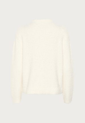 White fluffy sweater with long sleeves, round neckline, and ribbed hem. Soft texture, slightly oversized fit, no visible closures or patterns.