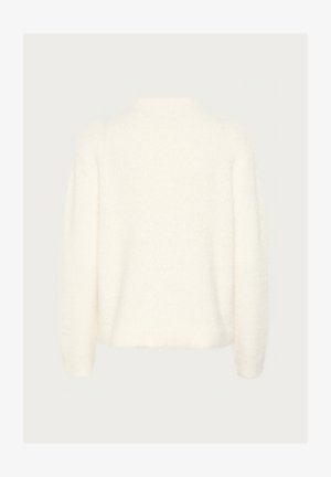 White fluffy sweater with long sleeves, round neckline, and ribbed hem. Soft texture, slightly oversized fit, no visible closures or patterns.