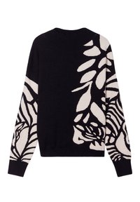 Schwarzer Pullover mit einem weißen botanischen und Zebramuster, Rundhals, langen Ärmeln sowie gerippten Bündchen und Saum. Weicher Stoff.