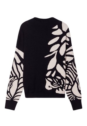 Maglione nero con un motivo botanico bianco e righe zebrate, collo rotondo, maniche lunghe e polsini e orlo a costine. Texture morbida.