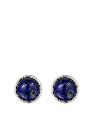 Round silver stud earrings with deep blue polished stones featuring gold flecks in the center.