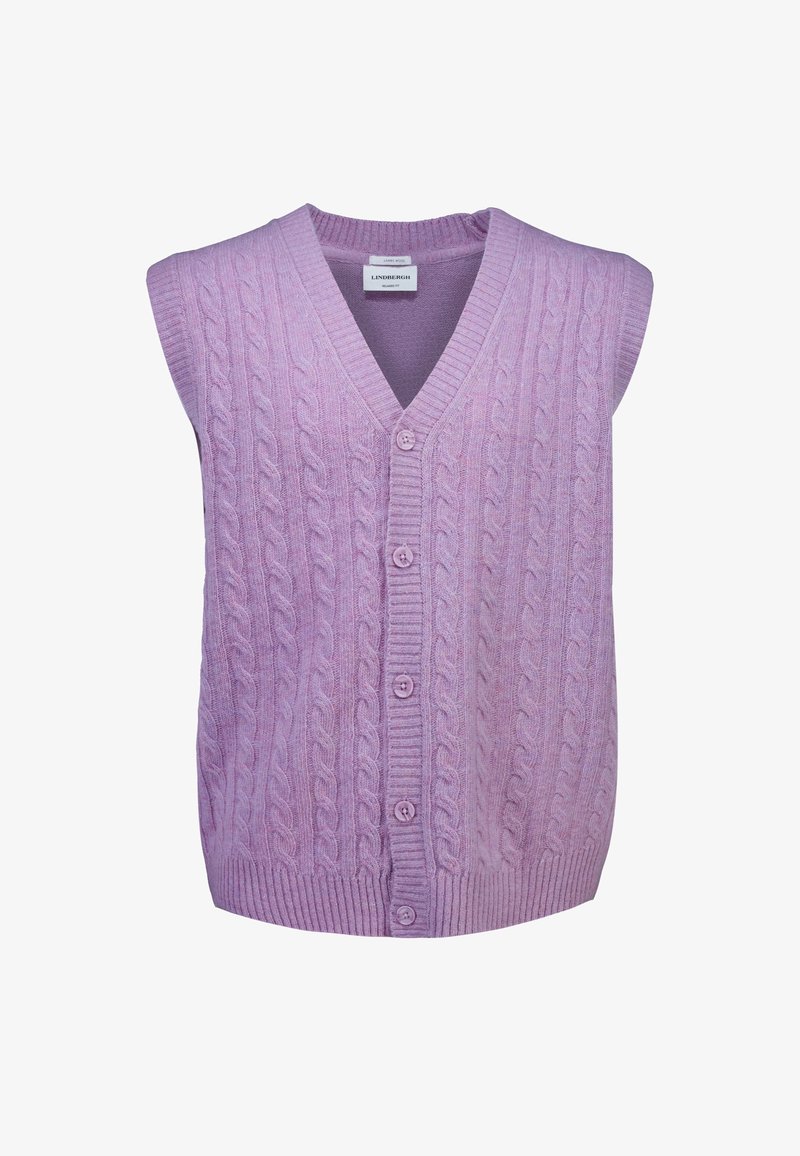 Hellpurpurner, gestrickter, ärmelloser Pullover mit V-Ausschnitt, der ein Kabelmuster aufweist und sechs Knöpfe auf der Vorderseite hat. Strukturiert gerippter Saum.