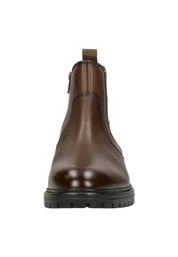 Bottines en cuir brun avec une texture lisse, fermeture éclair sur le côté, bout arrondi et semelle en caoutchouc robuste dotée de rainures de traction.