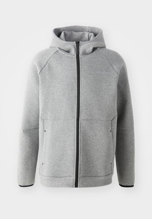 Sweat à capuche gris clair zippé, manches longues, deux poches avant et capuche, présenté sur fond blanc.