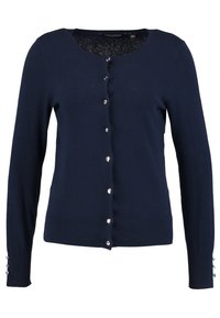 Navy blue cardigan made from knit fabric, featuring a round neckline, front buttons, and decorative accents on the sleeve cuffs.