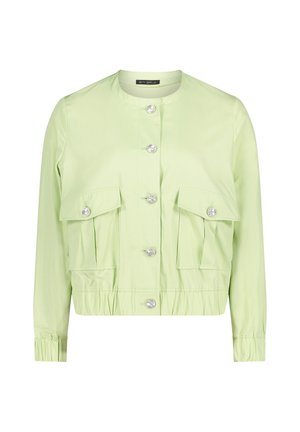 Veste longue à manches longues vert clair avec boutons argentés sur le devant, deux poches à rabat à l'avant, taille et poignets élastiqués, col sans col.