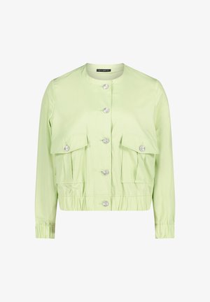 Lichtgroene lange mouwen jas met zilveren knopen aan de voorkant, twee klepzakken aan de voorkant, elastische taille en manchetdetails, halslijn zonder kraag.