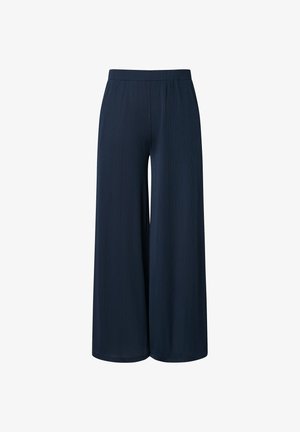 Marineblauwe broek met wijde pijpen en elastische tailleband, gemaakt van lichtgewicht geribd stof, geschikt voor casual of semi-formele gelegenheden.