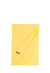 Yellow scarf made of soft fabric, featuring a fringed edge and a small black label. The material has a smooth texture.