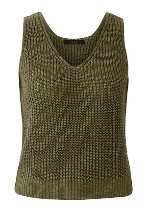 Mouwloos gebreid sweatervest in olijfgroen met een geribbelde zoom en een V-hals, voorzien van een klein zwart label bij de halslijn.