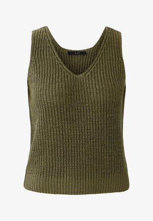 Sleeveless olive green knitted sweater vest with a ribbed hem and V-neckline, featuring a small black label at the neckline.