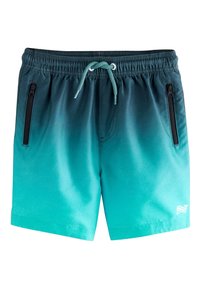 Shorts de bain pour hommes en dégradé de bleu sarcelle, dotés d'une taille élastique avec cordon de serrage, de poches latérales zippées, et d'un tissu lisse et à séchage rapide.