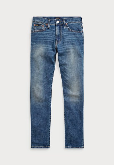 Mörkblåjeans i denim med en avsmalnande passform, med en lätt blekning, femficksdesign och kopparfärgad hårdvara vid midjan och fickorna.