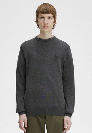 Dunkelgrauer Sweatshirt aus strukturiertem Stoff, mit langen Ärmeln, Rundhalsausschnitt und kleinem besticktem Logo auf der Brust.