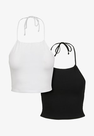 Due top cropped: uno bianco e uno nero, realizzati in tessuto liscio, con lacci regolabili al collo e un design aderente.
