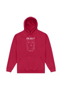 Červená mikina s kapucí a přední kapsou, zdobená bílým liniovým uměním obličeje dívky a textem "PICASSO" a "Hlava dívky" na hrudi.