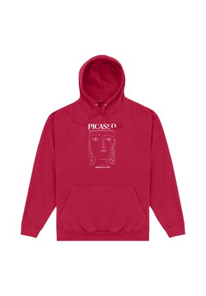 Felpa rossa con cappuccio e tasca frontale, caratterizzata da un disegno lineare bianco del volto di una ragazza e il testo "PICASSO" e "Testa di una ragazza" sul petto.