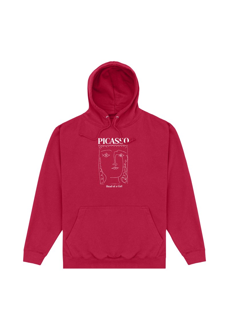 Červená mikina s kapucí a přední kapsou, zdobená bílým liniovým uměním obličeje dívky a textem "PICASSO" a "Hlava dívky" na hrudi.