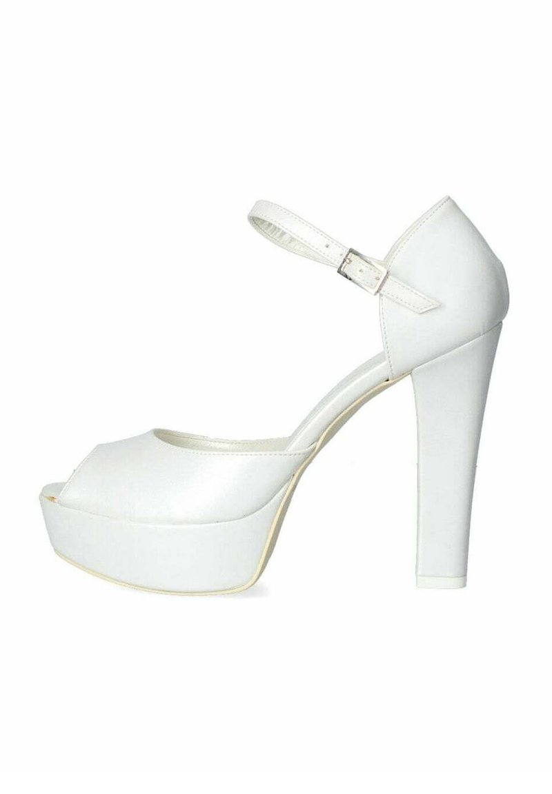 Scarpa con plateau bianca, con punta aperta, cinturino alla caviglia e tacco bloccato spesso. Realizzata in materiale liscio con una finitura lucida.