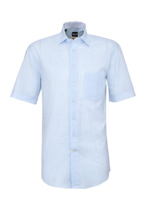 Camicia a maniche corte azzurro chiaro con bottoni davanti, taschino sul petto e dettaglio interno del colletto con motivo a contrasto.