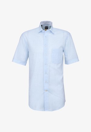 Camicia a maniche corte azzurro chiaro con bottoni davanti, taschino sul petto e dettaglio interno del colletto con motivo a contrasto.