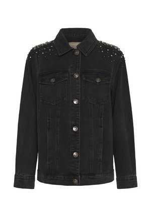 Veste en denim noir avec des embellissements en clous argentés sur les épaules, col classique, poches avant et fermeture à boutons.
