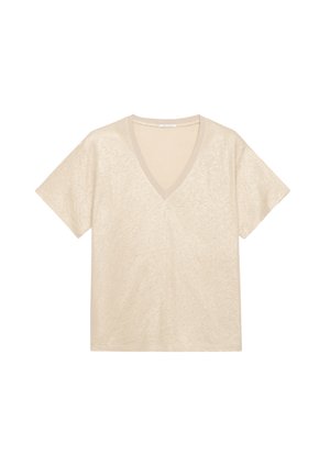 T-shirt beige con scollo a V e maniche corte, realizzato in un tessuto testurizzato. Presenta un colletto liscio a contrasto e una vestibilità rilassata.