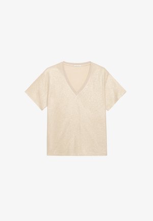 Beige V-hals T-shirt met korte mouwen, gemaakt van een textuurstof. Heeft een contrasterende gladde halslijn en een relaxte pasvorm.