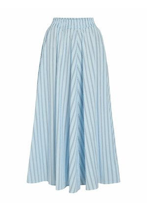 Fustă midi bleu deschis cu dungi verticale subțiri negre și talie elastică, cu siluetă evazată în formă de A.