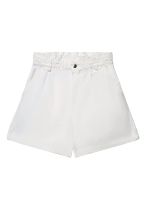 Weiße Shorts mit hoher Taille, elastischem Bund, Frontknopfverschluss, Gürtelschlaufen und Seitentaschen.
