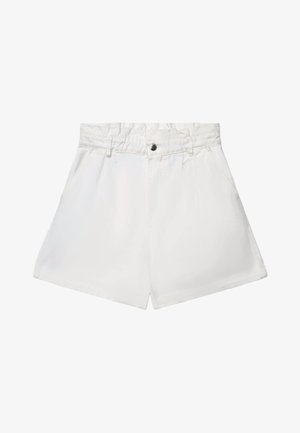 Shorts bianchi a vita alta con cintura elastica, chiusura frontale con bottoni, passanti per cintura e tasche laterali.