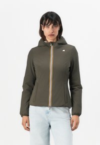 Olive green jacket with a hood, featuring a front zipper with multi-colored stripes, elastic cuffs, and side pockets. Smooth fabric texture.
