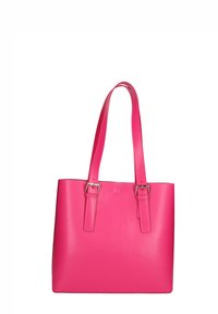 Roze draagtas met twee platte handvatten, gemaakt van glad kunstleer. Heeft metalen gespen op de handvatbevestigingen en een ruime rechthoekige vorm.