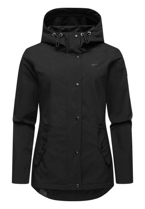 Veste imperméable noire avec capuche, dotée de fermetures à pression, de cordons de serrage ajustables et de deux poches latérales. Texture lisse et coupe décontractée.
