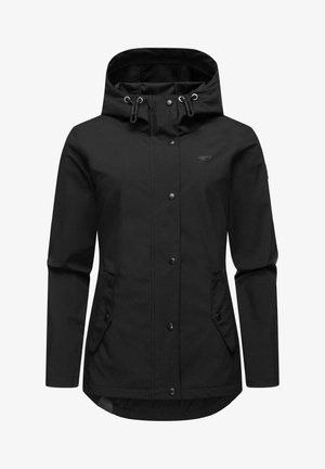 Crna vodootporna jakna s kapuljačom, koja ima kopče na gumb, podesive vezice i dva bočna džepa. Glatka tekstura i opušteni kroj.